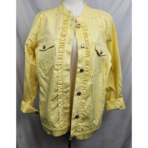 Quaker Factory‎ Yellow Rhinestone Ruffle Denim Jacket M Maximalist Rockabilly